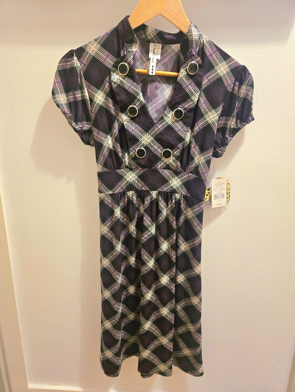 Heart Soul Plaid Dress Womens Size M Purple Good Short Sleeve Tie Back Button